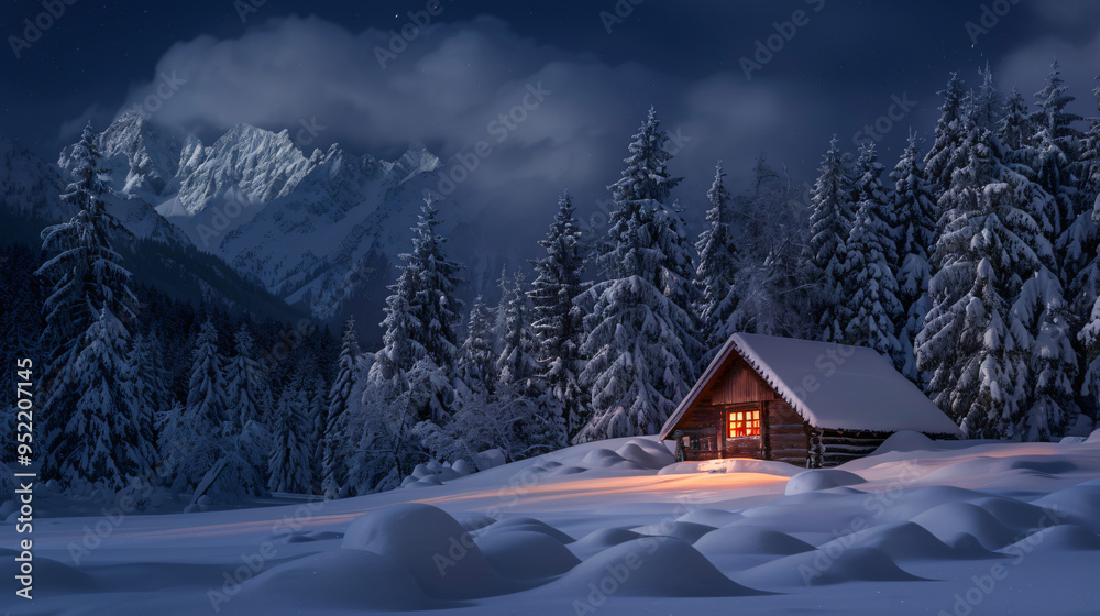 Fototapeta premium The windows of a wooden chalet in a snowy forest are aglow with a warm light, with majestic mountains in the background
