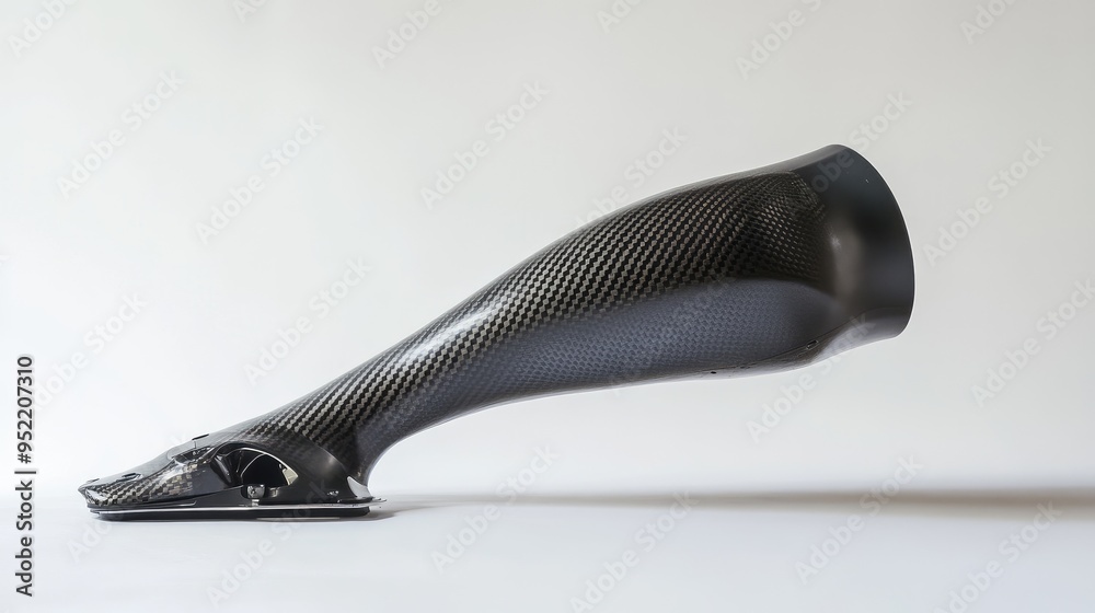 Obraz premium A prosthetic leg with a carbon fiber finish, displayed against a white background, emphasizing its sleek design.