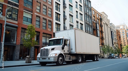 White middle class relocation rig day cab semi truck tractor with long spacious box trailer standing on the urban city street with multilevel apartment and office buildings unloading d : Generative AI