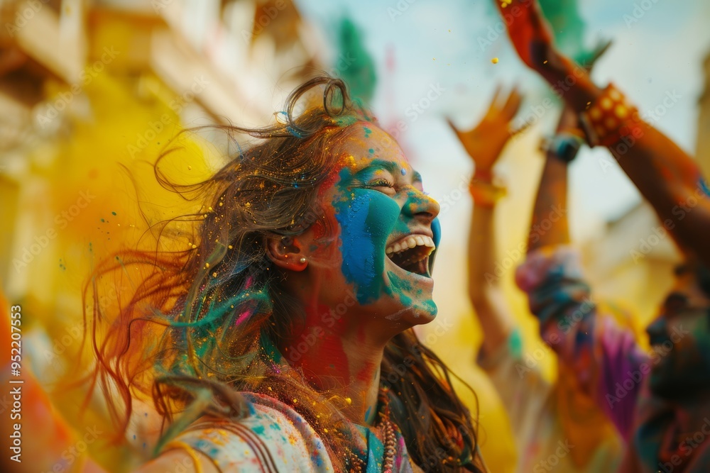 Joyful Celebration of Holi Festival with Colorful Powders and Dancing in the Streets Joyful Celebration of Holi Festival with Colorful Powders and Dancing in the Streets