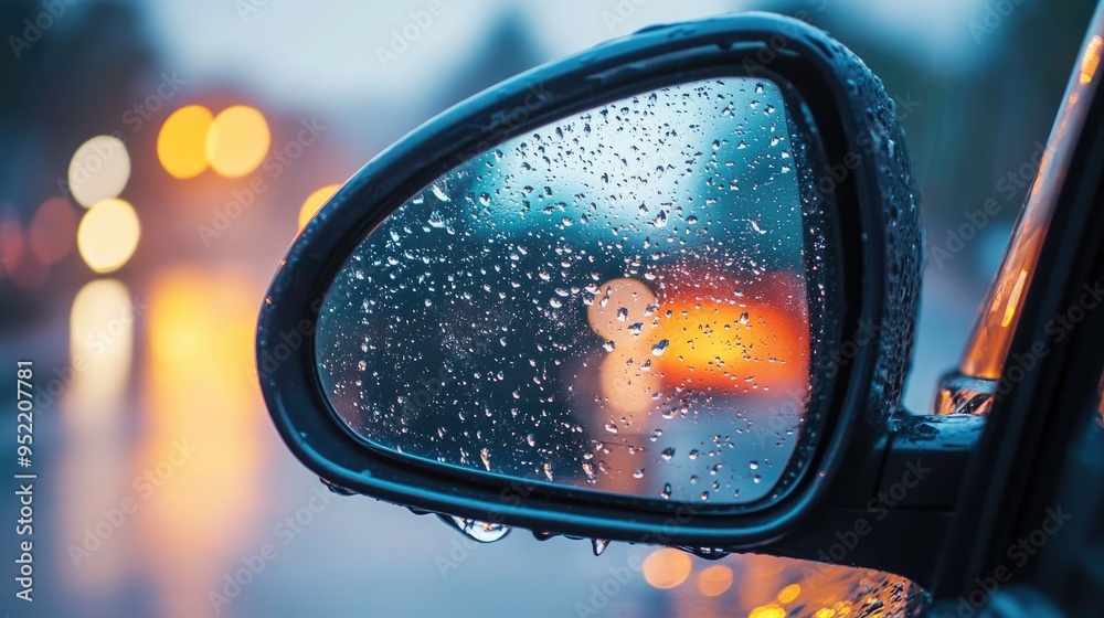 A car's side mirror covered in raindrops, making it difficult to see clearly, emphasizing the challenges of driving in bad weather A car's side mirror covered in raindrops, making it difficult to see clearly, emphasizing the challenges of driving in bad weather