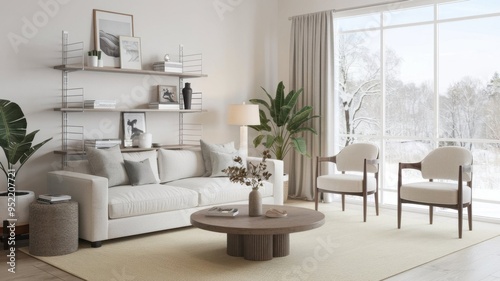 Modern living room with white sofa, chairs and coffee table.