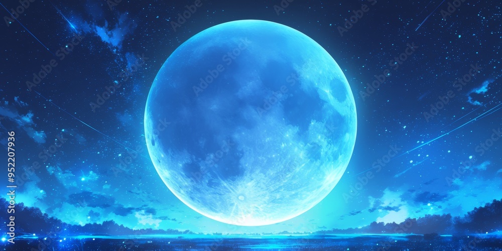 Fototapeta premium Enchanting Blue Moon: AI-Generated Mid-Autumn Festival Scene with Chang'e and Starry Galaxy. Dreamy Anime-Style Illustration for Chinese Cultural Marketing, UI Design, and Graphic Projects. Minimalist