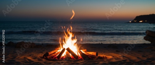 Nighttime campfire on a beach with the ocean in the background.