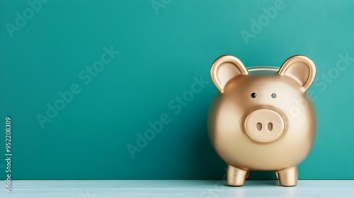 A golden piggy bank stands against a vibrant teal background, symbolizing savings, wealth, and financial planning.