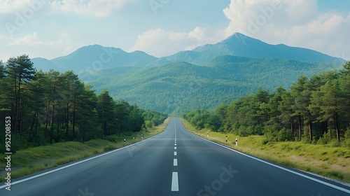 Asphalt highway road and green forest with mountain natural landscape under blue sky : Generative AI
