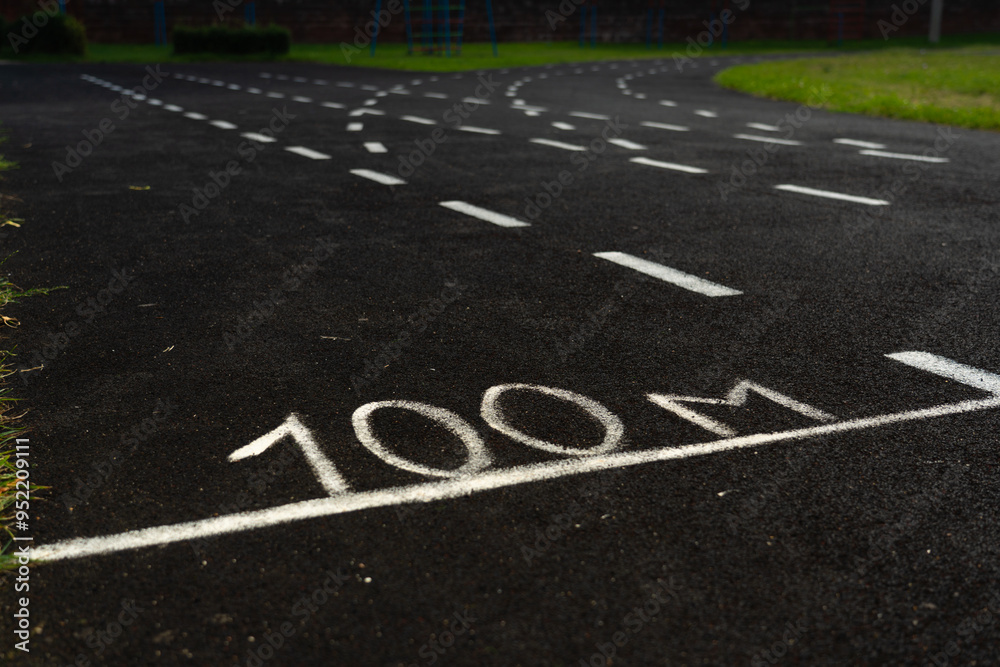 Obraz premium A rubber treadmill at the stadium. White markings on the stadium track