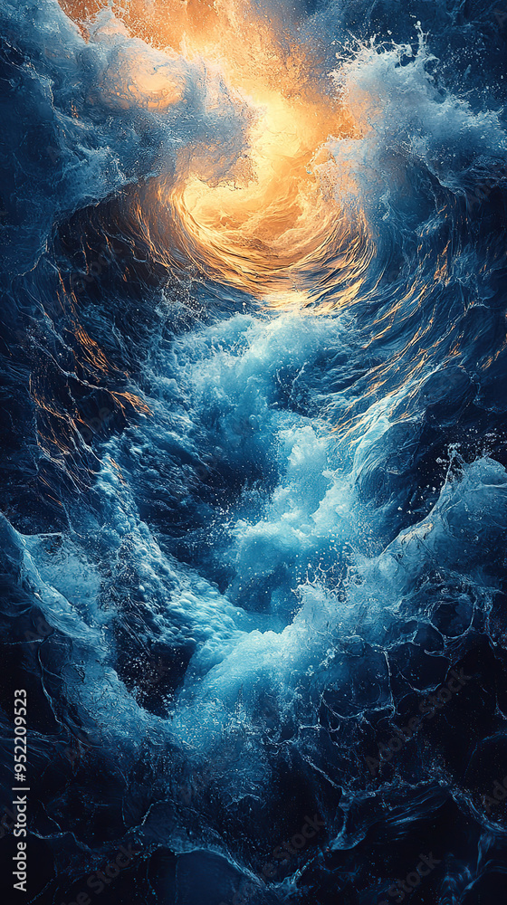A swirling vortex of dark blue ocean water with a bright orange light emanating from the center.