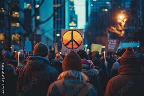 Vibrant Peace Rally in City Square with Unity Signs and Candles at Dusk