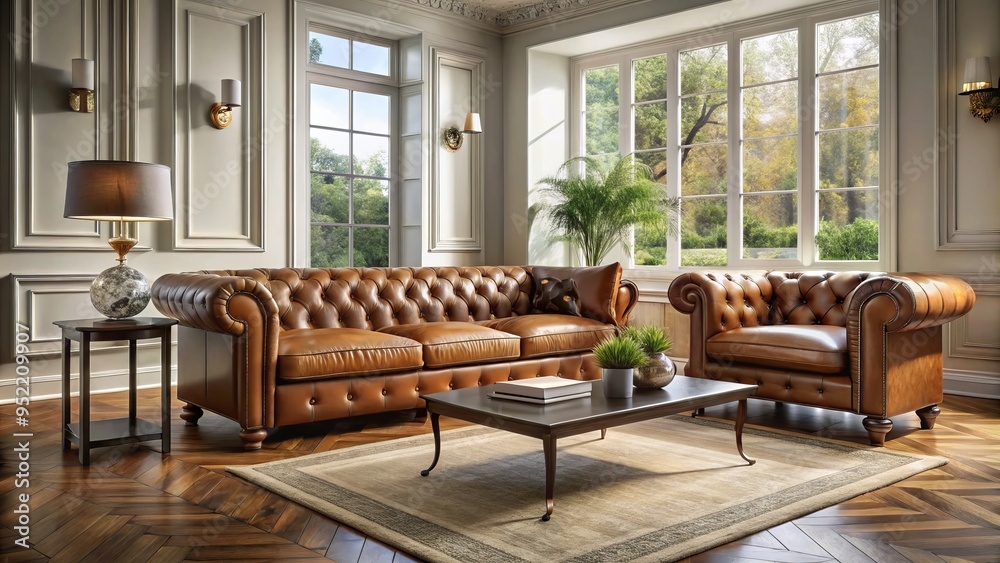 A room aglow with morning sunbeams showcases a Chesterfield sofa in burnished cognac leather, paired with a glass-topped coffee table in a light-filled space. A room aglow with morning sunbeams showcases a Chesterfield sofa in burnished cognac leather, paired with a glass-topped coffee table in a light-filled space.