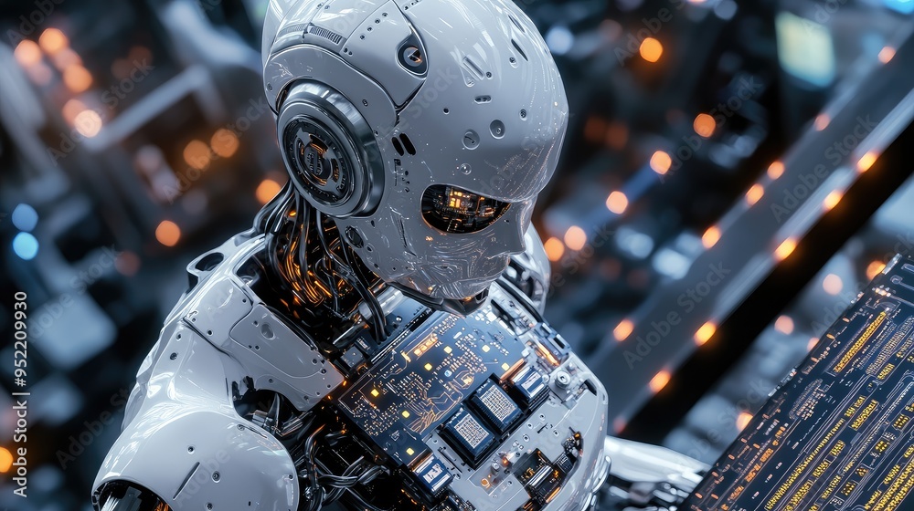 A robot's central processing unit (CPU) in a detailed close-up, with focus on the data pathways and microprocessors. A robot's central processing unit (CPU) in a detailed close-up, with focus on the data pathways and microprocessors.