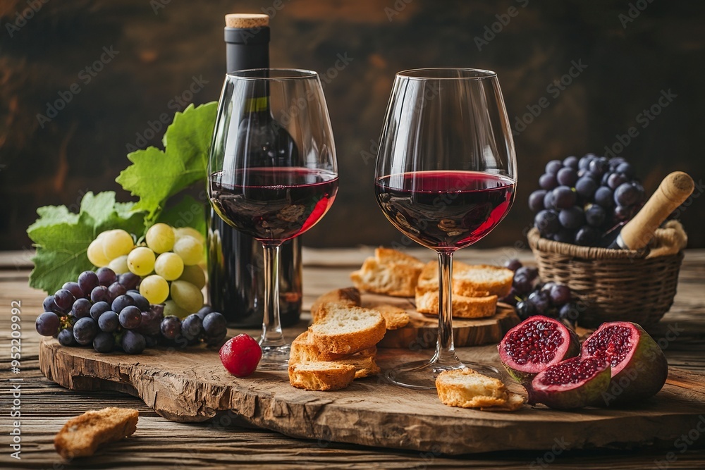 Composition with wine and snack on wooden background generative ai Composition with wine and snack on wooden background generative ai