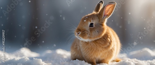 yellow rabbit is sitting on snow blurred background. photo