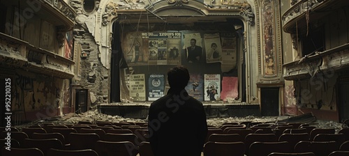 Nostalgic Man Observes Poster in Abandoned, Crumbling Theater - Life in the Arts Lost photo