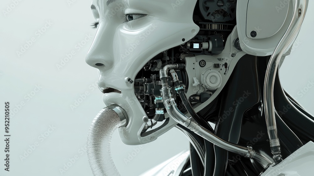 A robot's respiratory system, with focus on the synthetic trachea and filtration systems. A robot's respiratory system, with focus on the synthetic trachea and filtration systems.