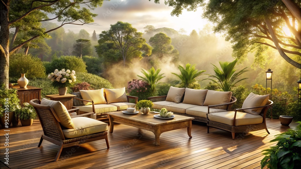 A serene escape amidst California's warm sunbeams, lush foliage, and weathered wood accents, with soft cream cushions creating a morning misty ambiance. A serene escape amidst California's warm sunbeams, lush foliage, and weathered wood accents, with soft cream cushions creating a morning misty ambiance.