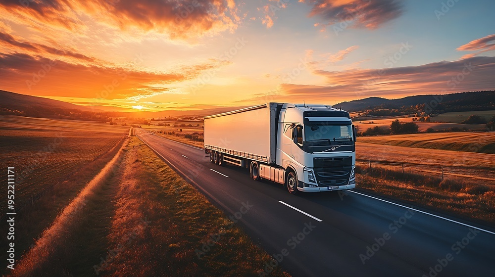 White truck driving on the asphalt road in rural landscape at sunset : Generative AI White truck driving on the asphalt road in rural landscape at sunset : Generative AI