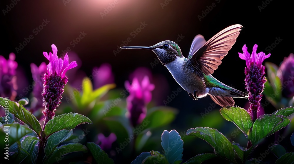 Fototapeta premium A vibrant hummingbird hovering near blooming flowers, showcasing the beauty of nature in motion under soft lighting.