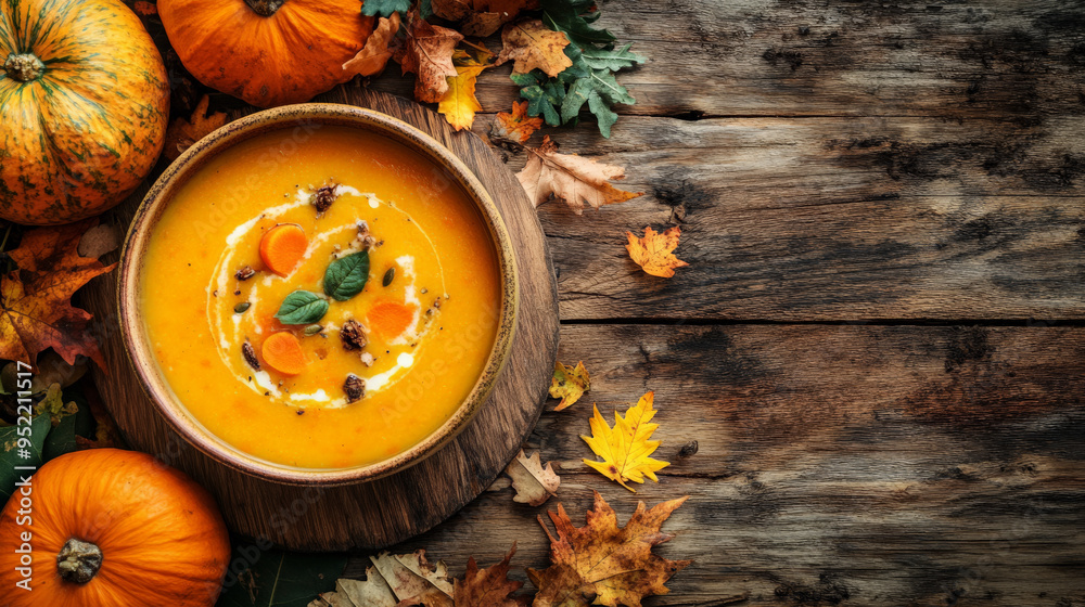 Halloween Pumpkin Soup with Carrots on Rustic Autumn Table
Halloween Pumpkin Soup with Carrots on Rustic Autumn Table