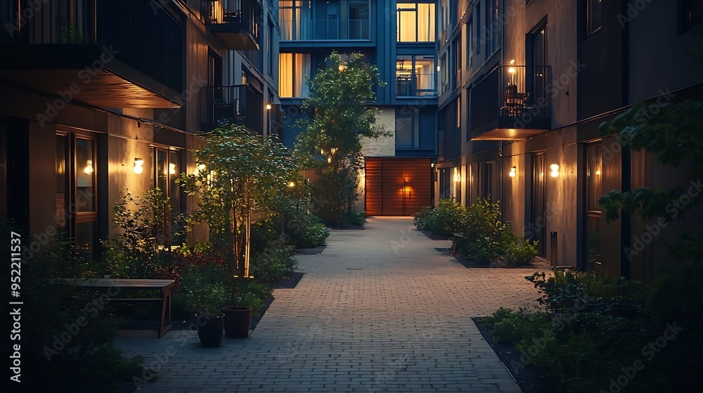 Fototapeta premium Residential buildings in a European city at night Modern blocks of flats Courtyard with vegetation and lighting Rust metal finish corten Underground garage : Generative AI