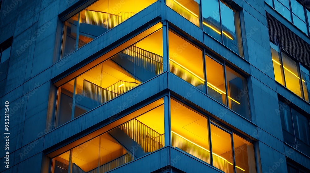 A building with a staircase and windows lit up in yellow The building is tall and has a modern design : Generative AI A building with a staircase and windows lit up in yellow The building is tall and has a modern design : Generative AI