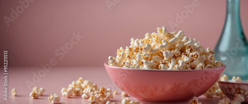 Bowl of popcorn and cinema glasses on pink background. photo