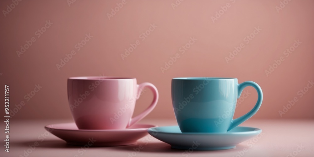 Obraz premium Two Blue Cups of Coffee on a Pink Background with Shadows.