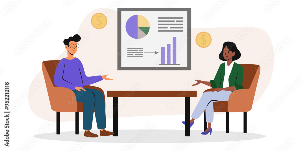 Two business professionals discussing strategy in a modern office environment with graphs