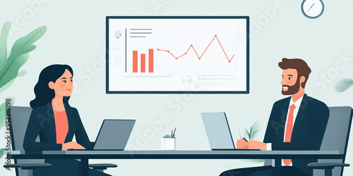 Flat cartoon style: Executives in a meeting, discussing a marketing graph displayed on a monitor.