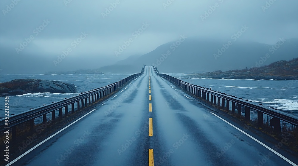 Fototapeta premium Scenic bridge over the ocean Atlantic Road the most beautiful road in the world Cold and stormy July day Rain over the famous bridge in the icy sea Norway : Generative AI