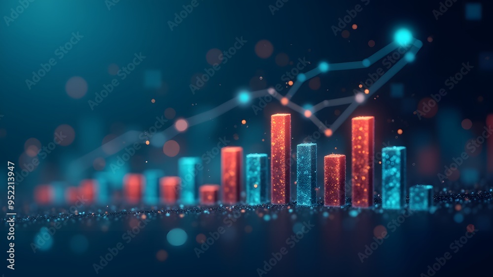 A glowing bar chart with a line graph representing data visualization and growth trends A glowing bar chart with a line graph representing data visualization and growth trends