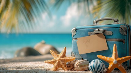 Suitcase with beach accessories travel gift voucher and wooden plane on grunge background closeup : Generative AI