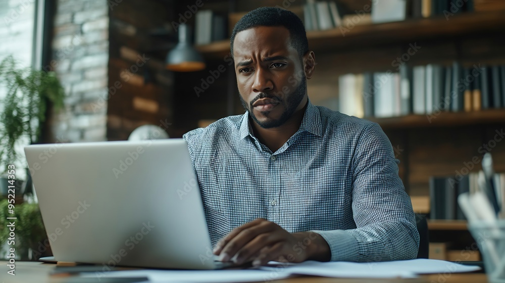 African American businessman working on paperwork searching for information with laptop at home office : Generative AI African American businessman working on paperwork searching for information with laptop at home office : Generative AI
