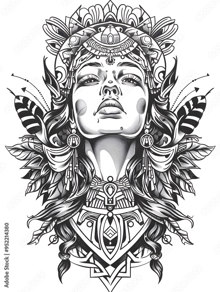 Fototapeta premium Indian girl head very simple traditional tattoo flash styles illustration