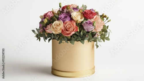 A luxurious bouquet of mixed seasonal flowers in a golden hat box on a white background.