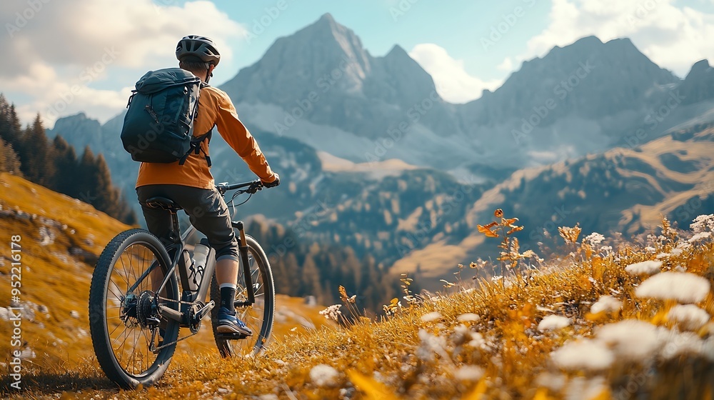 Fototapeta premium Cyclist man riding electric bike outdoors on sunny day Male tourist resting on grassy hill enjoying beautiful mountain landscape wearing helmet and backpack Concept of active leisure : Generative AI