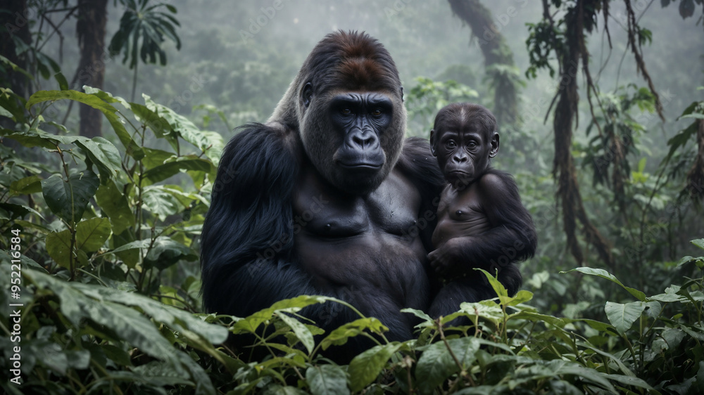 Fototapeta premium Gorilla adulto nella foresta pluviale dell'Africa assieme ad un cucciolo