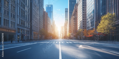 Pristine Empty Road Through Modern Cityscape at Morning Light