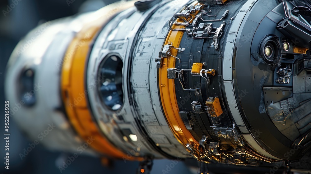 Close-up of a satellite's propulsion unit, focusing on the fuel tank and attachment points. Close-up of a satellite's propulsion unit, focusing on the fuel tank and attachment points.