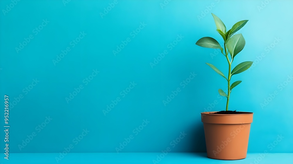A simple green plant in a terracotta pot against a vibrant turquoise backdrop, perfect for minimalistic and modern design. A simple green plant in a terracotta pot against a vibrant turquoise backdrop, perfect for minimalistic and modern design.