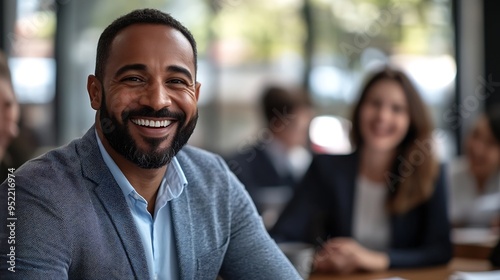 Group of company employees having fun in team building meeting Smiling business coach engaging office workers in ice breaker activities Professional team leader teaching workers to be : Generative AI