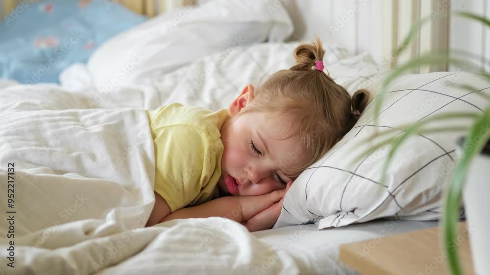 Peaceful adorable baby sleeping on a bed at home. Slumbering little child. Two years old girl sleeps peaceful at domestic room interior background. Serene dream. Cute face close up. Deep kid slumber Peaceful adorable baby sleeping on a bed at home. Slumbering little child. Two years old girl sleeps peaceful at domestic room interior background. Serene dream. Cute face close up. Deep kid slumber