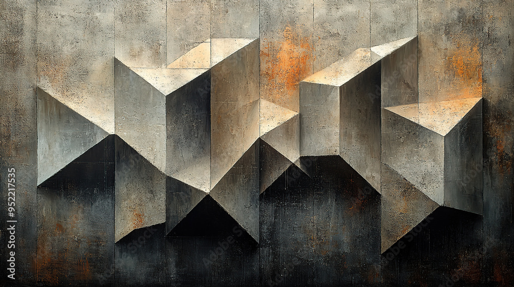 Abstract geometric shapes in shades of grey and brown, with a textured background, resembling a modern art painting. Abstract geometric shapes in shades of grey and brown, with a textured background, resembling a modern art painting.