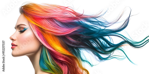 Portrait of young woman with multicolored rainbow-colored hairstyle isolated on background, fashion photo 