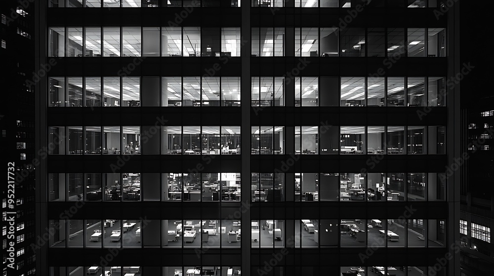 Empty office buildings windows at night Midtown New York City Manhattan in Black and White : Generative AI Empty office buildings windows at night Midtown New York City Manhattan in Black and White : Generative AI