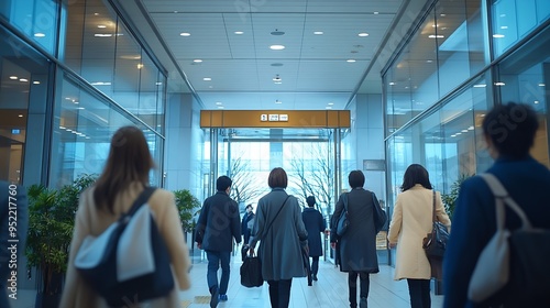 Group of people pass through the office entrance gate after ID card authentication Japanese translation Caution : Generative AI