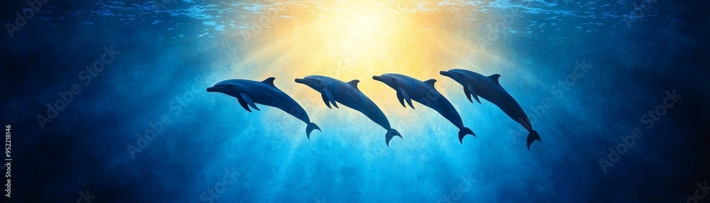 Fototapeta premium A serene underwater scene featuring a group of dolphins swimming gracefully in sunlight beams.