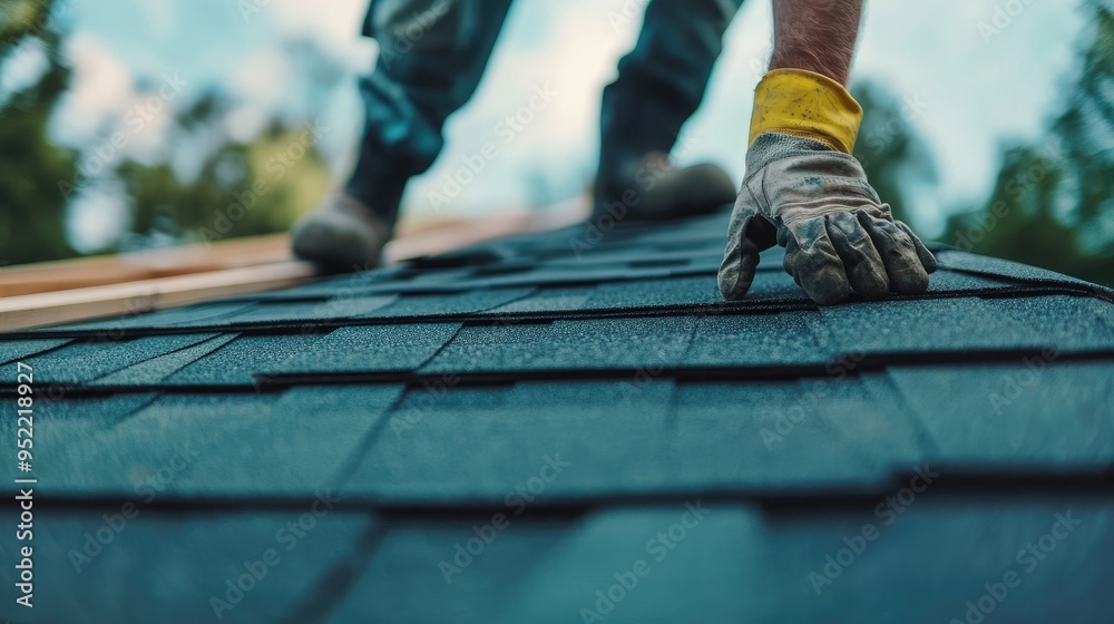 Worker Installing Asphalt Shingles on New Home Roof Under Construction Worker Installing Asphalt Shingles on New Home Roof Under Construction
