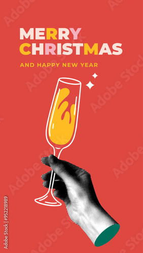 Christmas greeting card with human hand holding glass of champagne. Modern collage with halftone body parts. Celebration Christmas and New Year. Newspaper elements. Christmas party flyer