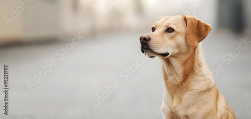 A thoughtful Labrador dog sits calmly, showcasing its endearing expression against a soft, blurred background. pet training concept. photo